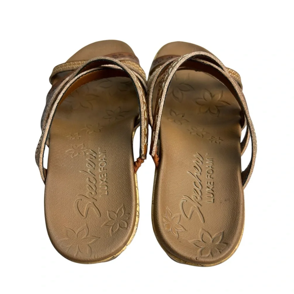 Skechers Beverlee Tiger Leather Strappy Size 6 Brown Cork Wedge Sandals - Picture 7 of 15